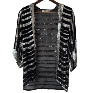 Vintage Swee Lo Silver Sequin Silk Sheer 80s Open Front 3/4 Sleeve Cardigan Sz L